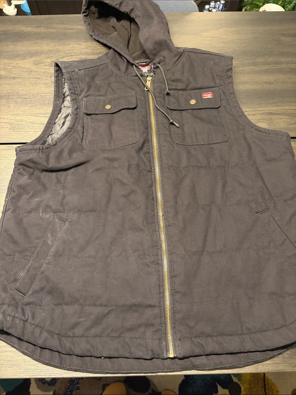 Wrangler Workwear Men's Hooded Canvas Vest Black Duck Cotton Quilted Lined